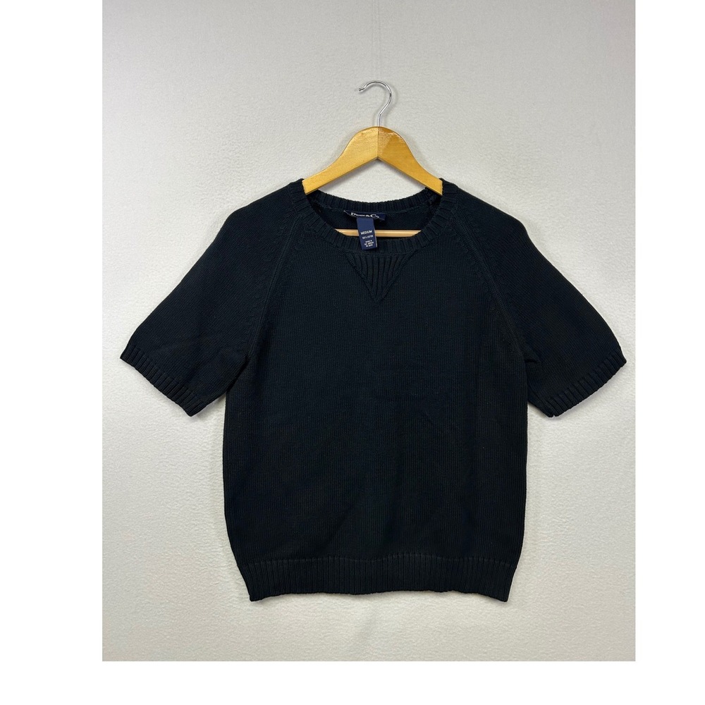 Minimalist Denim & Co Womens Medium Black Cotton Short Sleeve Knit Sweater